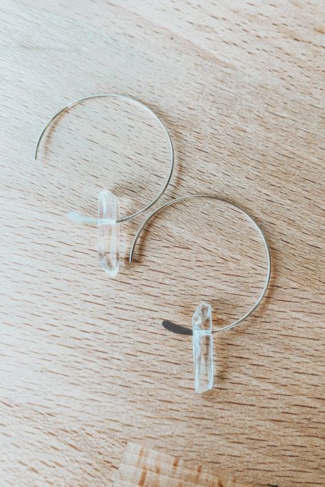 Style your outfit with these sterling silver Mini Moon Crystal Quartz Hoop Earrings. These are perfect statement earrings for any cute outfit. Shop these earrings at https://thirtynineonetwenty.com/product/mini-moon-crystal-quartz-hoop-earrings/ #handmadeearrings #crystalearrings #bohojewels #bohojewelry #jewelry #womensjewelry #quartzearrings #dropearrings #womensearrings #hoopearrings #cystalhoopearrings #statementearrings #bohoearrings #crystalquartzjewelry #partyearrings #boho #minihoops Minimalist Crystal Jewelry, Easy To Make Earrings, Hammered Wire Earrings, Crystal Earrings Diy, Style Your Outfit, Quartz Hoop Earrings, Crystal Quartz Earrings, Earrings Handmade Boho, Quartz Crystal Jewelry