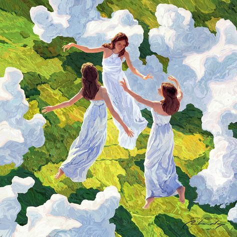 "Tornado Dance", Artem Chebokha on ArtStation at https://www.artstation.com/artwork/AryDYN Art, Three Women, Tornado, Dancing, Pins, White