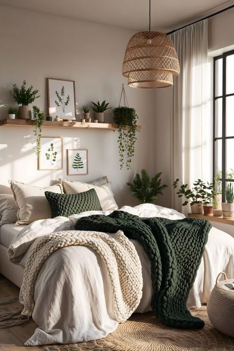 Bedroom Ideas Green And Beige, Green And White Bedding Aesthetic, White Bedroom With Sage Green Accents, Olive Green Bed Sheets Aesthetic, Green Tan Black Bedroom, Earthy Clean Bedroom, Bedroom Ideas With Green Accents, Neutral Bedding With Pop Of Color Green, Neutral And Olive Bedroom