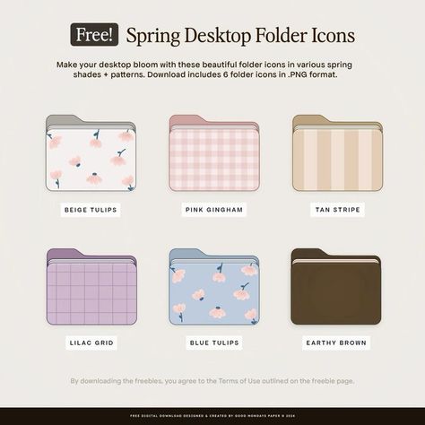 Freebies for you this spring 💗 Sign up for the newsletter on Cute Desktop Folder Icons, Macbook Apps Organization, Desktop Homescreen Layout, Free Folder Icons For Mac, Desktop Inspo Aesthetic, Apple Folder Icons, Mac File Folder Icons, Laptop Icon Aesthetic, Mac Folder Icons Free