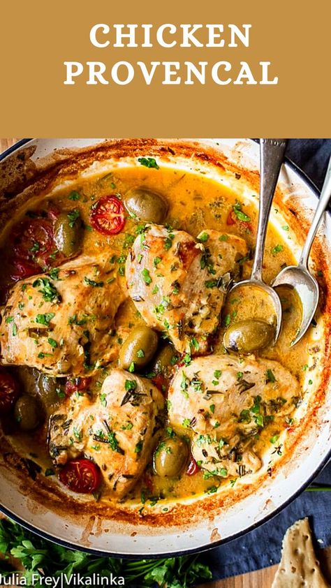 This Chicken Provencal recipe is a quicker and leaner take on the French classic made with chicken breasts, cherry tomatoes and olives. Dinner Party Chicken Dishes, Healthy French Dinner Recipes, French Provincial Recipes, France Food Recipe, French Recipes Authentic Dinner, French Chicken Recipes Authentic, French Roasted Chicken, Haute Cuisine Recipes, Chicken Cassoulet Recipe