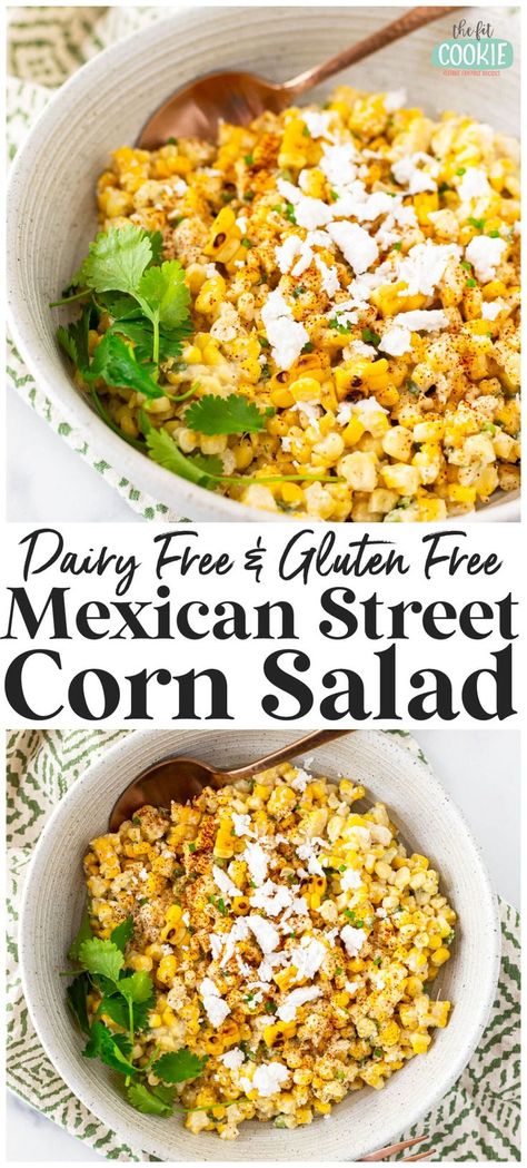 Make this dairy free street corn salad for your next BBQ! This salad is our take on the popular Mexican street corn salad (elote salad), and our version is dairy free, vegan, and naturally gluten free. | thefitcookie.com Gluten Free Corn Salad, Vegan Street Corn Salad, Healthy Corn Salad Recipe, Bbq Side Dishes Vegan, Dairy Free Corn Salad, Dairy Free Street Corn, Vegan Corn Salad, Vegan Mexican Street Corn, Vegan Elote