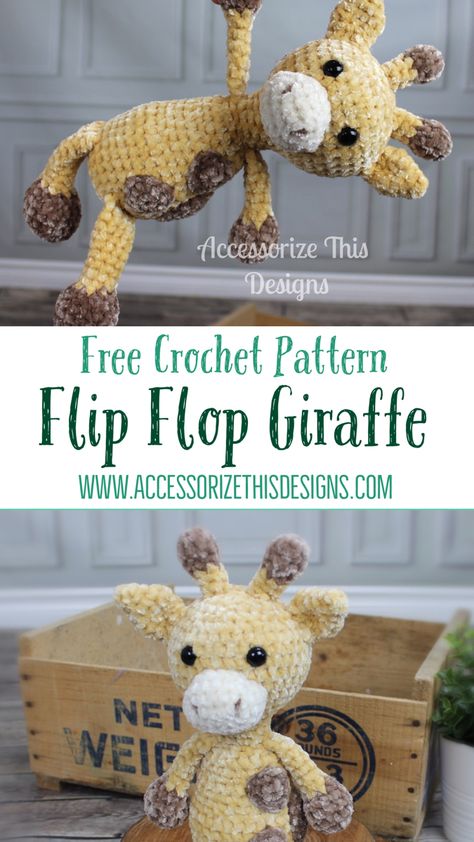 The Flip Flop Giraffe is a Free Crochet Amigurumi Pattern. This beginner friendly, crochet stuffed animal works up quickly and easily with minimal sewing required. The perfect crochet toy for the little one in your life. #freecrochetpattern #freecrochet #amigurumi #freeamigurumipattern #giraffe #crochettoy #stuffedanimal #diy Crochet Snuggles, Giraffe Lovey Crochet, Crochet Giraffe Free Pattern, Giraffe Haken, Knot Ideas, Crochet Creatures, Amigurumi Projects, Crochet Baby Projects, Crochet Giraffe Pattern