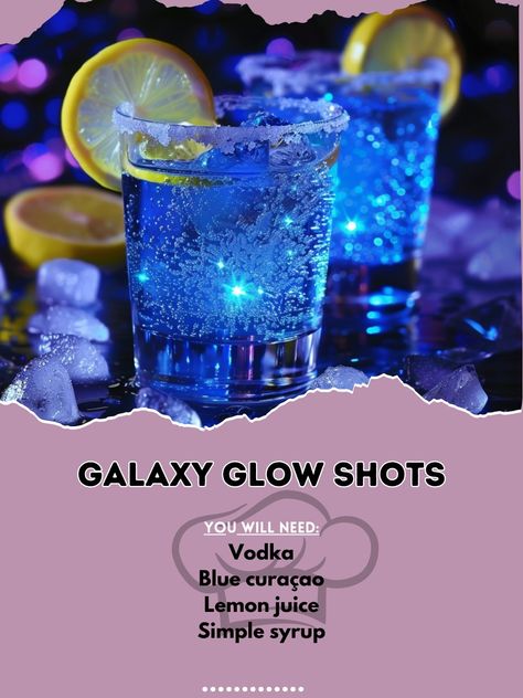 🌌💫 Dive into the universe with our Galaxy Glow Shots! A cosmic cocktail that glows and dazzles! 💫🌌 #GalaxyGlowShots Galaxy Glow Shots Ingredients: Vodka (1 oz) Blue curaçao (1/2 oz) Lemon juice (1/2 oz) Simple syrup (1/4 oz) Instructions: Fill a shaker with ice. Add vodka, blue curaçao, lemon juice, and simple syrup. Shake well and strain into shot glasses. 🌌💫 These Galaxy Glow Shots are a cosmic delight. Enjoy and share your galaxy shot experience! #GalaxyShots #CosmicCocktails Galaxy Cocktail, Cold Coffee Drinks Recipes, Glow Shots, Vodka Blue, Fruity Alcohol Drinks, Peach Drinks, Disney Drinks, Red Drinks, Alcholic Drinks