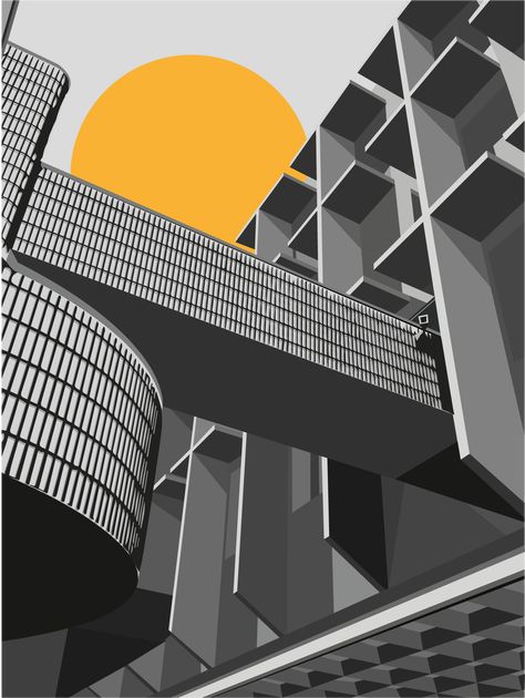 Adobe Illustrator Buildings, Brutalist Architecture Illustration, Light Shadow Architecture, Architectural Illustration Graphics, Architecture Vector Illustration, Urban Buildings Architecture, Adobe Illustrator Architecture, Flat Colour Illustration, Urban Environment Art