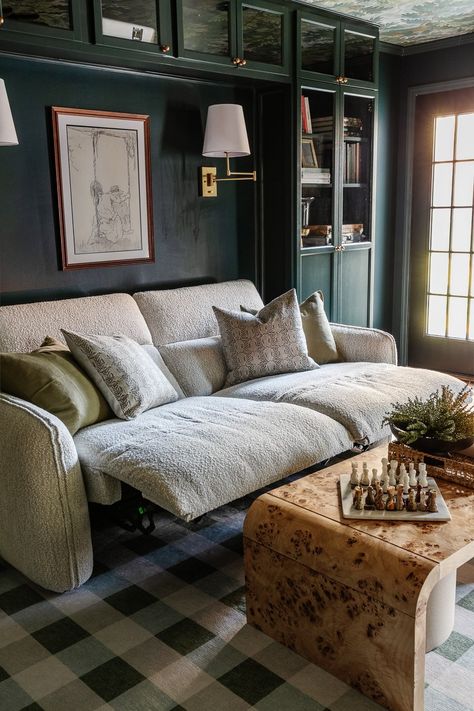 Modern Farmhouse Sofa Couch, Den Sitting Room Ideas, Cozy Small Basement Living Room, Reclining Living Room Furniture, Boho Living Room With Reclining Couch, Living Room Leather And Fabric Furniture, Theater Room Recliners, Sectional And Chairs Living Room, Comfortable Sofas Living Room Modern