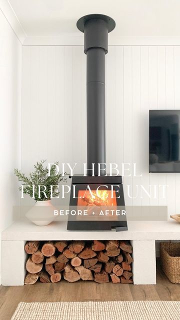 Chantelle Barresi on Instagram: "BEFORE > AFTER DIY FIREPLACE MANTLE FOR $550 💭•• *HIT SAVE FOR FUTURE REFERENCE* It’s fair to say it’s been a long time coming … only half a year in the making but good things take time right? Here it is, our DIY Hebel fireplace stand that cost us $550, we originally were quoted $5-8k for something similar to this so we decided to DIY it! With the help of my legend of a brother @dylanattard_ and my foreman husband @marcusbarresi_ we pulled off my vision and I couldn’t be happier with how it turned out! DETAILS : Vj panels- @easycraft.panels Paint- Paper plane @tint.paint Hebel power panel- @bowens_au Hebel blocks- @bunnings Fireplace- @bunnings TV- Kogan 55” QLED 4K Smart Google TV - Q98J- @kogandotcom Kanali Vase- @jameslanedesign Ru The Block Fireplace, Malm Fireplace Indoor, Vj Panel Fireplace, Vj Fireplace, Queenslander Fireplace, Sealed Fireplace Ideas, Built In Tv Unit With Fireplace, Australian Fireplace, Cottage Tv Room