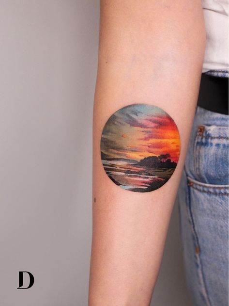 Beautiful tattoo by Deborah Genchi #DeborahGenchi #debartist #realism #realistic #illustrative #watercolor #color #sunset #beach #landscape #sky #forearm #arm #clouds | By Deborah Genchi | Done at Debrart Tattoo Studio | Jun 14th 2019 | 1042293 Tattoo Watercolour, Dr Tattoo, Scenery Tattoo, Fibonacci Tattoo, Sunrise Tattoo, Tattoo Ink Colors, Sunset Tattoo, Sky Tattoos, Homemade Tattoos