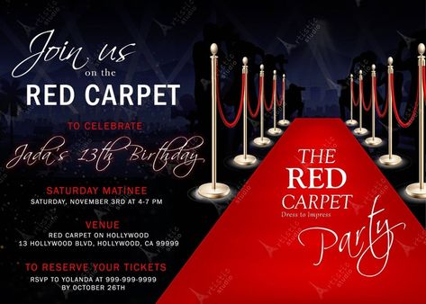 Red Carpet Hollywood Invitation and RSVP DOWNLOAD ONLY | Etsy Red Carpet Theme Party Outfit, Red Carpet Invitations Template, Red Carpet Party Invitations, Hollywood Red Carpet Party, Hollywood Invitations, Red Carpet Invitations, Red Carpet Theme Party, Hollywood Birthday Parties, Red Carpet Theme