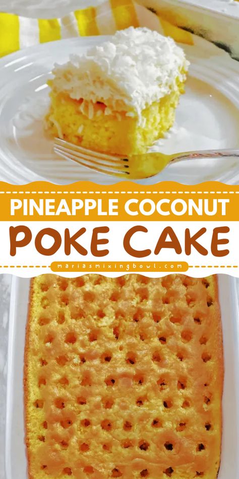 This coconut pineapple cake recipe is one of the best summer desserts! Moist and filled with the flavors of the tropics, this easy pineapple coconut poke cake is so decadent. You'll want it as a Labor Day party food idea! Coconut Pineapple Poke Cake, Hawaii Pineapple Cake, White Chocolate Pineapple Cake, Pineapple Coconut Cake Easy, Coconut Pineapple Dream Cake, Pineapple Poke Cake Recipes, Coconut Pineapple Cake Recipe, Old Fashioned Pineapple Cake Recipe, Pineapple Coconut Poke Cake