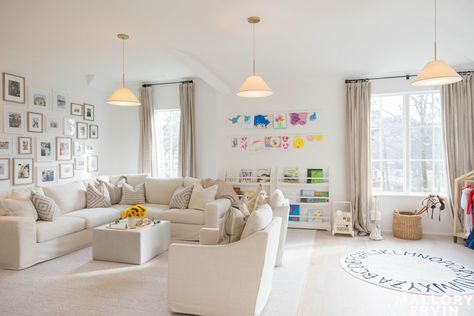 Playroom In Family Room, Bonus Room With Play Area, Family Playroom Design, Beautiful Playroom Storage, Half Living Room Half Play Area, Lounge Room Playroom, Media Playroom Combo, Sofa For Playroom, Mallory Ervin Playroom