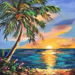 ArtbyNadiaUS - Etsy Укр�аина Tropical Island Painting, Florida Painting Ideas, Island Art Tropical, Tropical Canvas Painting, Palm Tree Painting Easy, Tropical Painting Ideas, Tropical Landscape Painting, Tropical Drawing, Island Drawing