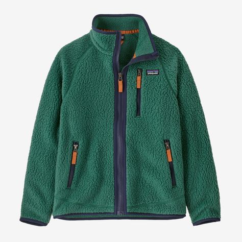 A comfortable, easy-care full-zip jacket built of ultrawarm 100% recycled polyester double-sided shearling fleece. Made in a Fair Trade Certified™ factory. - Conifer Green Patagonia Retro Pile Fleece, Patagonia Retro Pile, Patagonia Retro, 50% Logo, Patagonia Kids, Cozy Jacket, Kids Fleece, Boys Fleece, Baby Warmer