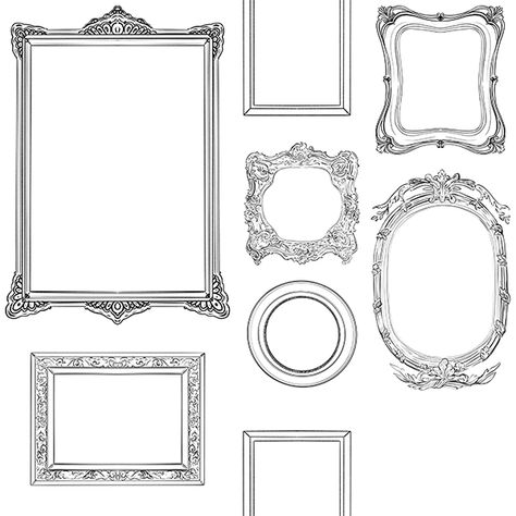 Gallery Frames - 25” wide by 96” high / Peel and Stick Old Frame Drawing, Antique Frame Drawing, Photo Frame Tattoo, Vintage Frame Drawing, Frame Tattoo Design Square, Fancy Picture Frames, Photo Frame Drawing, Vintage Frame Tattoo, Frame Tattoos