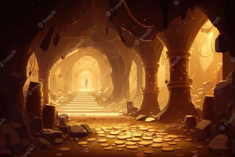 Treasure Cave Concept Art, Golden City Fantasy Art, Cave City Fantasy Art, Mining Aesthetic, Fantasy Mine, Fantasy Cave, Desert Cave, Lost City Of Gold, Cave City