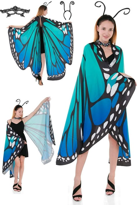 Butterfly Wing Cape Shawl with Lace Mask and Black Velvet Antenna Headband Adult Women Halloween Costume Accessory Butterfly Witch Costume, Butterfly Custome Halloween, Bug Costume Adult, Diy Butterfly Costume For Women, Adult Butterfly Costume, Butterfly Costume Women's, Halloween Costumes Butterfly, Butterfly Wing Cape, Black Butterfly Dress