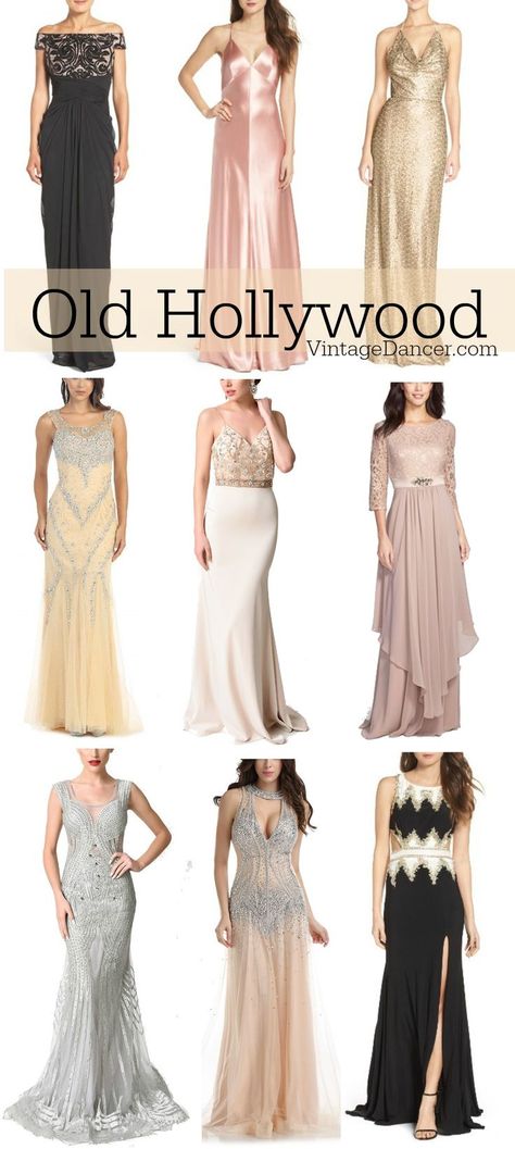 1930s evening dresses and gowns inspired by Old Hollywood fashion and glamour. Old Hollywood Glamour Homecoming, Hollywood Outfit Ideas Party Women, Old Hollywood Style Dresses, Elegant Formal Dresses Classy Glamour, Hollywood Style Outfits, Old Hollywood Dress Gowns, Hollywood Glam Dresses, Old Hollywood Costumes, Hollywood Glam Outfit