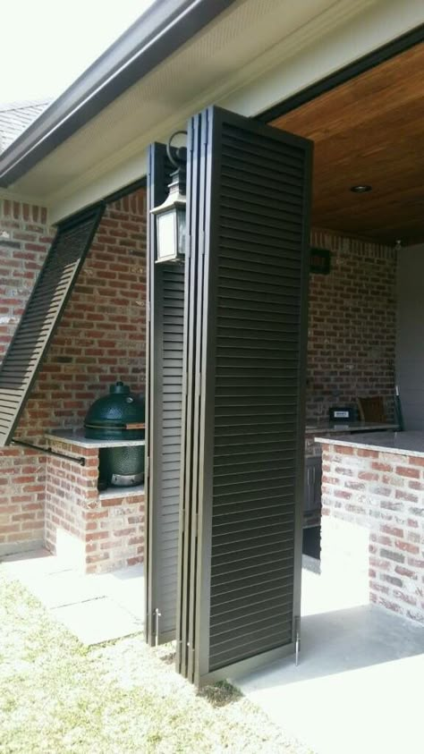 Shutter Wall from Acadian Windows Outdoor Shutters, Shutter Wall, Sliding Shutters, Back Porch Ideas Covered Farmhouse, Grill Area, Mobile Home Porch, Home 2023, Shutters Exterior, Shutter Doors