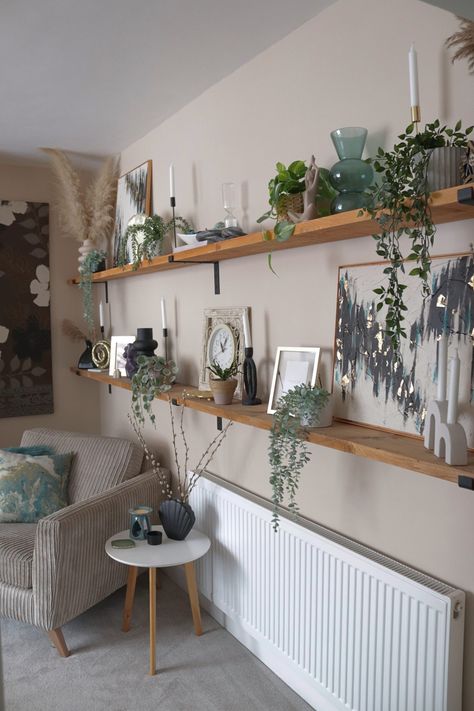 Oak Shelf Living Room, Long Floating Shelves In Living Room, Plant Shelf Over Couch, Scaffold Board Shelves Living Rooms, Shelves Over Sofa, Living Room Shelves Above Couch, Long Shelves On Wall, Long Shelf Decor Living Room, Long Shelf Decor