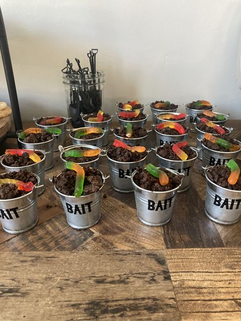 Fishing theme party (Live bait) Fishing Shower Theme, Sweet 16 Fishing Party, Fishing Themed 30th Birthday Party, Diy Fishing Theme Party Decorations, River Themed Party, Fishing Bridal Shower Theme, Baby Shower Ideas Fishing Theme, Fish Theme Baby Shower Ideas, Fishing Bachelorette Party