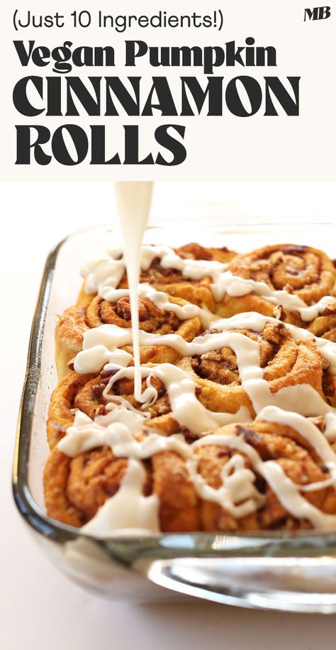 1-Bowl Vegan Pumpkin Cinnamon Rolls made with 10 ingredients using easy methods. Warm, gooey, perfectly sweet, and subtly spiced — perfect for fall! Vegan Pumpkin Cinnamon Rolls, Vegan Pumpkin Roll Recipe, Pecan Pumpkin Butter, Dairy Free Cream Cheese Frosting, Raw Treats, Pumpkin Rolls Recipe, Lazy Vegan, Pumpkin Cinnamon Rolls, Plant Based Snacks