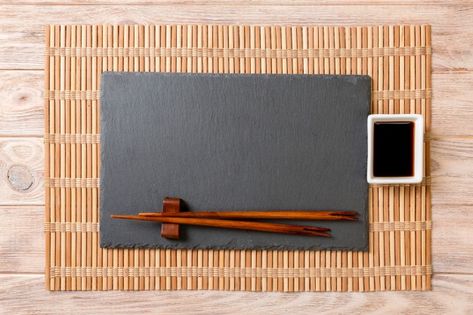 Premium Photo | Empty rectangular black slate plate with chopsticks for sushi and soy sauce on wood Sushi Aesthetic, Menu Sushi, Slate Plate, Empty Plate, Sushi Rolls, Cute Backgrounds, Chopsticks, Premium Photo, Soy Sauce