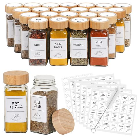 PRICES MAY VARY. ✨【COMPLETE SPICE JAR PACK】This set of bamboo spice jars include: 24x 4 fl.oz glass spice jars, 24x sift & pour shaker lids, 24x airtight bamboo lids, 120x square labels, 35x round labels, 1x straw brush. It is a good choice for your kitchen or as a gift for housewarming/ holiday/ birthday/ anniversary. ✨【GET YOUR INS-WORTHY SPICE DRAWER】Tidy way of simplifying your spice and seasoning by our spice jars with bamboo lids! Transform your spice drawer/pantry/ into an organized syste Spice Jar Set, Spice Drawer, Apple Pie Spice, Glass Spice Jars, Spice Labels, Spice Bottles, Spice Storage, Spice Containers, Chalk Markers