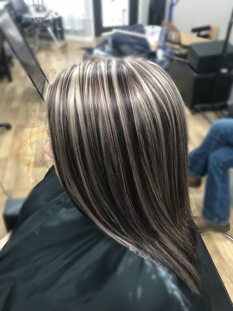 Baby Lowlights, Platinum Highlights On Dark Hair, Chunky Highlights And Lowlights, Trendy Brunette Hair, Ash Blonde Highlights On Dark Hair, Chunky Highlight, Hair Colors For Summer, Ash Blond, Skunk Hair