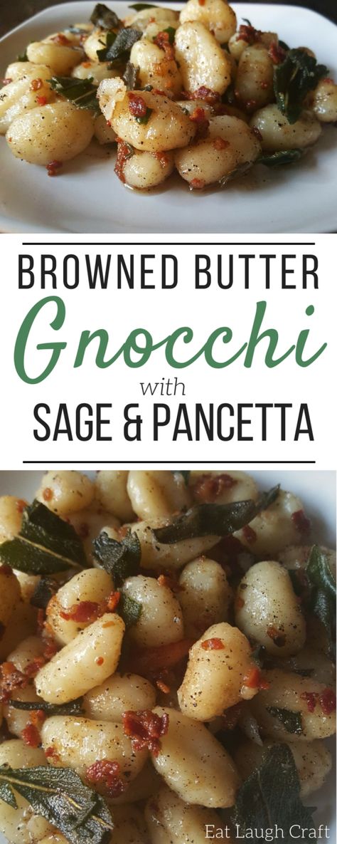 Rich and delicious browned butter gnocchi with sage and pancetta! Butter Gnocchi, Pancetta Recipes, Pancetta Pasta, Italian Potatoes, Sage Recipes, Roasted Brussels Sprouts, Browned Butter, Gnocchi Recipes, Pasta Dinner Recipes