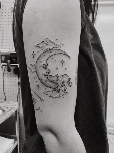 Moon tattoo, cat tattoo, black and white tattoo Cat Sleeping On Moon Tattoo, Sleeping Moon Tattoo, Cat On Moon Tattoo, Sleeping Cat Tattoo, Cat Moon Tattoo, Dreamer Tattoo, Swing Tattoo, Watercolor Cat Tattoo, Song Tattoos