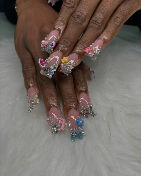 junk nails French Junk Nails, Junk Nails Bling Medium, Medium Junk Nails, Junk Yard Nails, Junky Charm Nails Short, Pink French Tip Junk Nails, Colorful Junk Nails, Junk Nails, French Tip Acrylic Nails