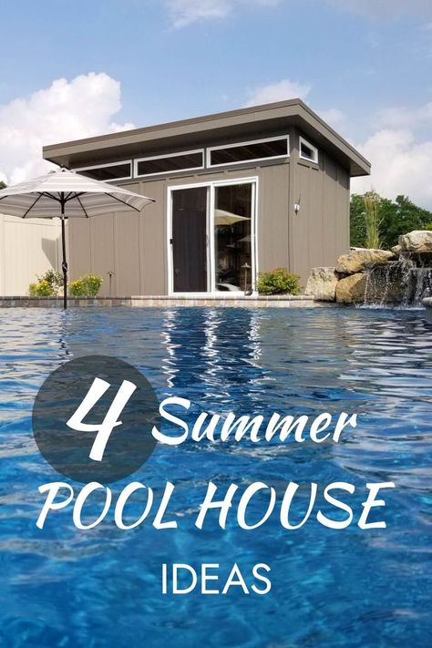 a pool house from Sheds Unlimited Pool House Shed Ideas, Modern Pool House Design, Pool Shed Ideas, Prefab Pool, Shed Pool House, Pool House Ideas, Backyard Pool House, Backyard Art Studio, Pool House Cabana