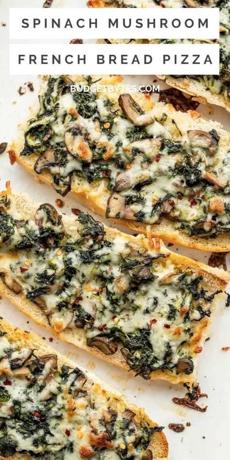 French Bread Pizzas, Spinach Bread, Spinach Pizza, Recipes Pizza, Fall Meals, Cheesy Spinach, Homemade Garlic Bread, French Bread Recipe, Spinach Mushroom