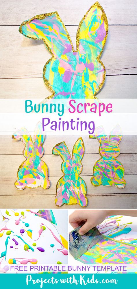 Use beautiful spring colors to make these bunny silhouettes that are the perfect art project for spring or Easter. A great project for preschool aged kids and beyond. Free printable bunny template included. Printable Bunny Template, Easter Art Project, Scrape Painting, Easter Crafts Preschool, April Crafts, Spring Art Projects, Bunny Templates, Easter Arts And Crafts, Bunny Silhouette