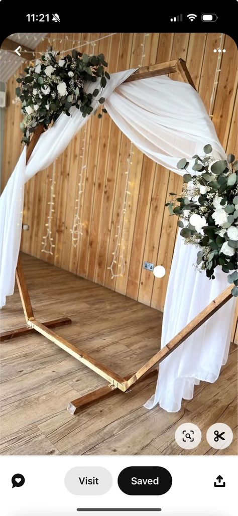 Hexagon Wedding Arch With Fairy Lights, Wedding Wooden Decorations, Wedding Arches Hexagon, Hexagon Wedding Arch Terracotta, Wooden Octagon Wedding Arch, Wood Octagon Wedding Backdrop, Hexagon Arch Fall Wedding, Hexagon Alter Decor, Hexagon Photo Frame