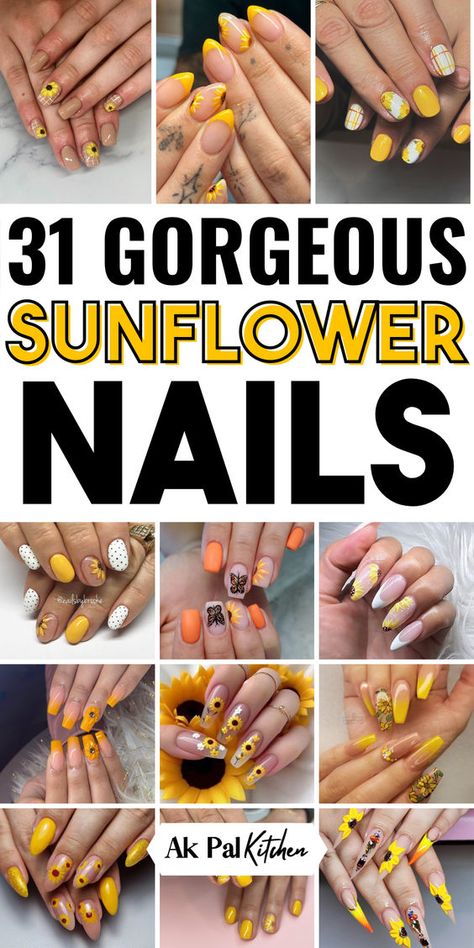 31 Gorgeous Sunflower Nails - Ak Pal Kitchen Navy Sunflower Nails, Sunflower Dip Nails, Short Sunflower Nail Designs, Sunflower Nail Designs Acrylic, Short Nails Sunflower, Sunflower Themed Nails, Summer Sunflower Nails, White Nails With Sunflower, Nails Sunflower Design