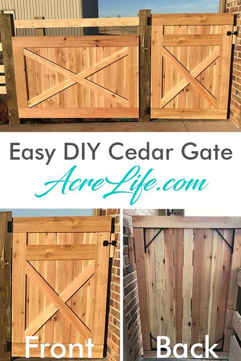 Easy DIY cedar gate with tools and materials list. Step-by-step guide will help you build this rustic country look gate in an hour. #AcreLife #DIY #cedargate #gate #woodgate Double Door Fence Gate Ideas, Cedar Gates Entrance, Cedar Gate Ideas, Wooden Gates Ideas, Fencing Techniques, Wood Gate Ideas, Carpenter Hacks, Wood Gate Diy, Diy Gates