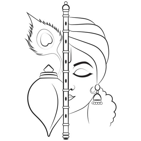 Line Art Drawing Tattoo, Krishna Bansuri Sketch, Pencil Sketches For Aari Work, Sri Krishna Sketch, Simple Art To Draw, Free Hand Drawings, Krishna Images Sketches, Krishna Easy Art, Krishna Basuri Mandala Art