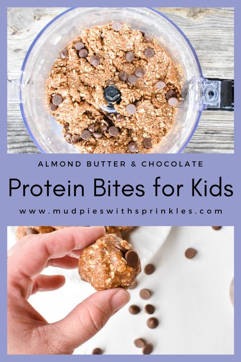 Almond butter protein bites dough in a food processor bowl with chocolate chips folded in and a hand holding an energy bite. Easy Healthy Protein Balls, Protein Balls For Kids Healthy, Protein Balls For Toddlers, Almond Butter Oat Balls, Kid Protein Balls, Quick Protein Balls, High Protein Snacks Toddler, Protein Balls With Almond Butter, Protein Bites For Kids