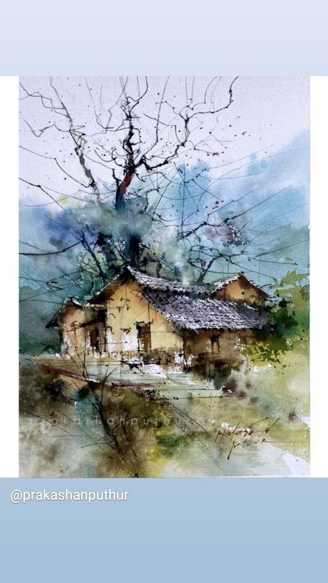 Watercolor House Painting, Watercolor Scenery, Watercolor Art Landscape, Watercolor Paintings Nature, Canvas Art Projects, Watercolor Architecture, Watercolor Pictures, Easy Canvas Painting, Landscape Art Painting