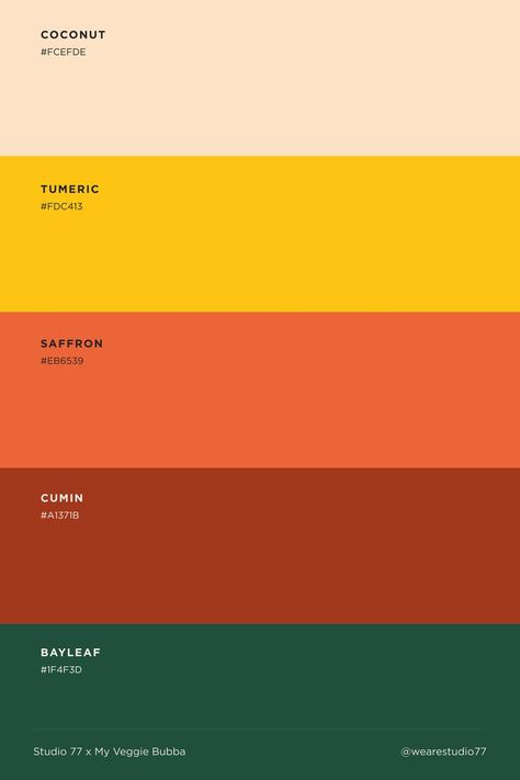 Colour palette for childrens brand by Studio 77 - Colour palette inspiration Desi Colour Palette, Restaurant Colour Scheme, Sushi Colour Palette, Spicy Colour Palette, Cook Book Color Palette, Food Brand Colour Palette, Grocery Color Palette, Indian Food Color Palette, South Indian Colour Palette