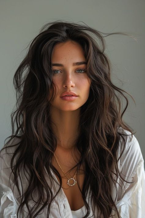 Haircut For Long Curly Hair For Women, Long Messy Layers, Natural Loose Wavy Hair, Haircuts For Long Wavy Hair Face Shapes, Best Hair Color For Blue Green Eyes, Dark Brown Beach Hair, Dark Hair Color Ideas For Curly Hair, Medium Hair Curly Styles, Beach Waves Dark Hair