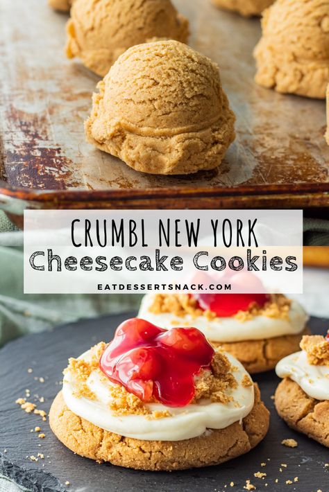 Cherry Cheesecake Cookies, Graham Cracker Dough, Crumbl Copycat, Crumble Cookie Recipe, Cherry Topping, Cherry Cheesecake, Cheesecake Cookies, Gourmet Cookies, New York Cheesecake