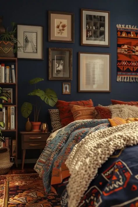 31 Stunning Boho Bedroom Ideas - DailyHomeSafety Deep Teal Bedroom Ideas, Eclectic Bedroom Decor Ideas, Blue And Orange Room Bedroom, Orange And Blue Bedroom Ideas, Boho Bedroom Navy, 1920s Bedroom Aesthetic, Dark Blue Boho Bedroom, Moody Navy Bedroom, Blue And Burnt Orange Bedroom