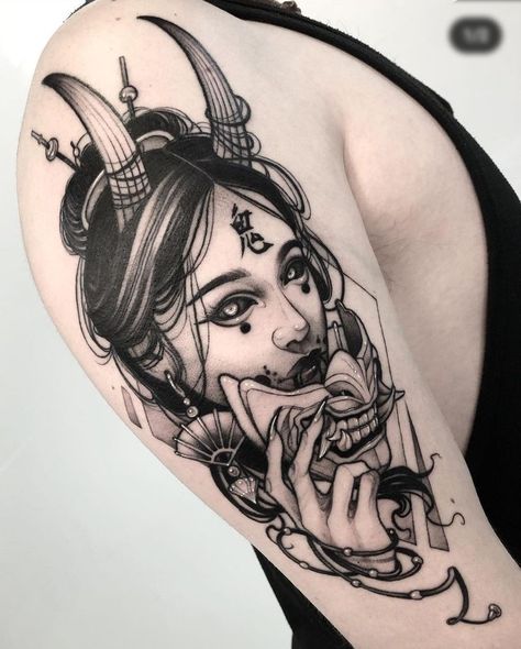 Inspiração: 20 Tatuagens de Máscaras Hannya! Female Samurai Tattoo, Hannya Maske Tattoo, Mascara Hannya, Tato Irezumi, Tato Geisha, Voll Arm-tattoos, Initials Tattoo, Japanese Demon Tattoo, Japanese Mask Tattoo