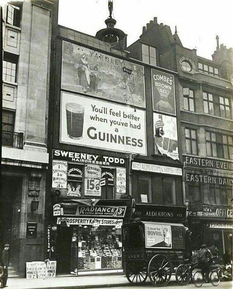 Sweeny Todd (barber). This is located at 152 Strand, in London.  Today the location is on Fleet Street, which is now, after further research, is said to be the correct location.  This photo was taken at the old location, c.1930 (roughly 100 years after the murders took place.) Historical London, Station Service, Victorian London, London History, Fleet Street, London Pictures, Sweeney Todd, London Town, Old London