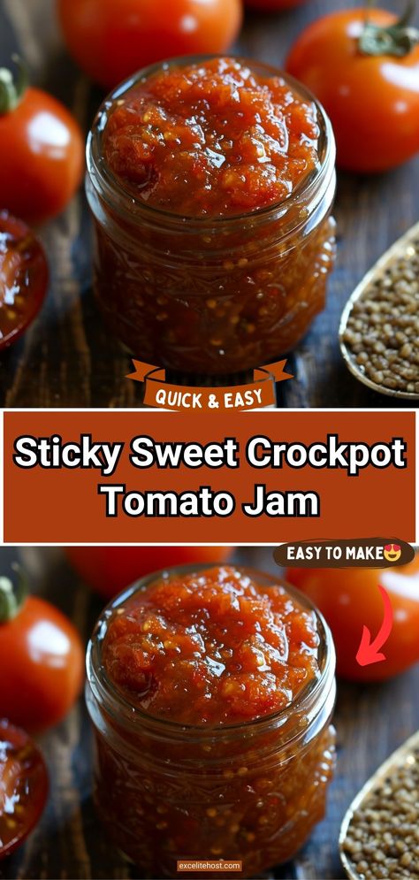 Ingredients: 2 pounds ripe tomatoes, chopped 1 cup granulated Tomato Jam Crockpot, Cherry Tomato Jam Recipe, Cherry Tomato Jam, Tomato Jelly, Tomato Juice Recipes, Tomato Jam Recipe, Pepper Jelly Recipes, Meat Sweats, Preserving Foods