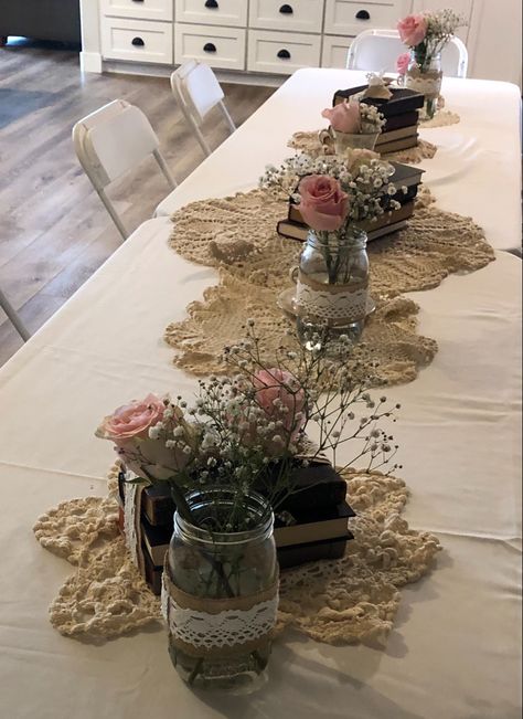 Table Decorations For 90th Birthday, Vintage Bridal Shower Ideas Decoration, Antique Party Theme, 90th Birthday Centerpiece, Memorial Service Decorations, Wedding Shower Tables, Flower Party Themes, Grandmas Birthday, Vintage Party Ideas