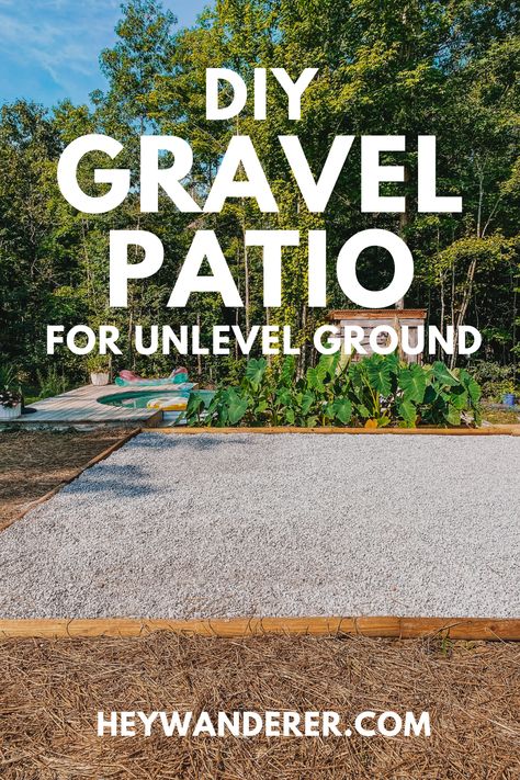 DIY Gravel Patio for Unlevel Ground Diy Gravel Patio Ideas, Pea Gravel Around Concrete Patio, Epoxy Gravel Patio, Gravel Parking Pad For Rv, Pea Gravel On Slope, Diy Gravel Backyard Ideas, Outdoor Gravel Patio, Extending Patio With Gravel, Backyard Gravel Patio