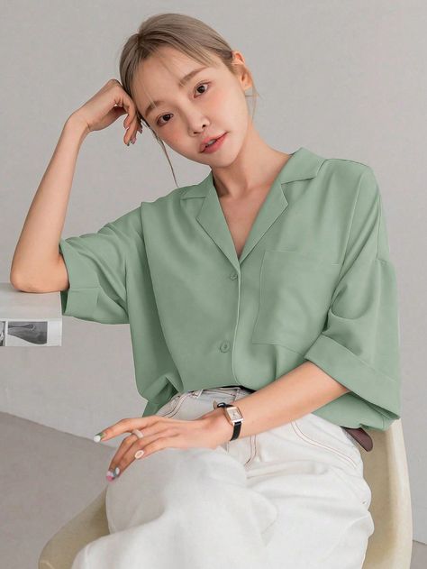 Solid Color Casual Shirt With Suit Collar, Front Button Closure And Pockets Green Casual  Half Sleeve Fabric Plain Shirt Slight Stretch  Women Clothing, size features are:Bust: ,Length: ,Sleeve Length: Half Sleeves, Pastel Tops, Suit Collar, Plain Shirt, Plain Shirts, Women Blouses, Green Shirt, Casual Shirt, Half Sleeve